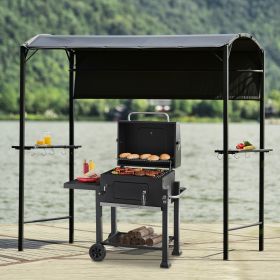 Outdoor 7Ft.Wx4.5Ft.L Iron Double Tiered Backyard Patio BBQ Grill Gazebo with Side Awning, Bar Counters and Hooks