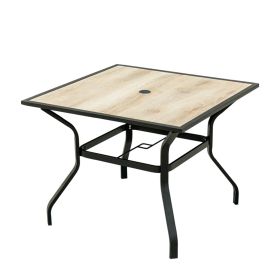 Outdoor Patio Dining Table Square Metal Table with Umbrella Hole and Wood-Look Tabletop for Porch,Garden,Backyard,Balcony(1 Table)