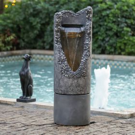 15.5x15.5x48" Large Contemporary Outdoor Water Fountain with Light, Unique Gray Waterfall Fountain