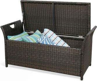 Patio Wicker Storage Bench Outdoor Rattan Deck Storage Box with Cushion (Beige)