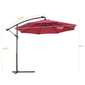 10 FT Solar LED Patio Outdoor Umbrella Hanging Cantilever Umbrella Offset Umbrella Easy Open Adustment with 24 LED Lights - Burgundy