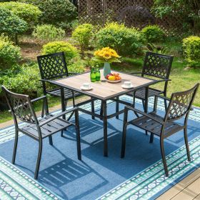 5-Piece Outdoor Patio Dining Set Modern Steel Furniture with 4 Slatted Armchairs and 1 Square Wood-like Table, Black