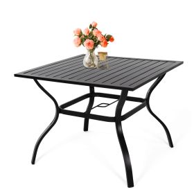 MEOOEM Outdoor Metal Patio Dining Table with Umbrella Hole;  Metal Steel Square Backyard Bistro Table for Garden;  Poolside;  Backyard;  Black