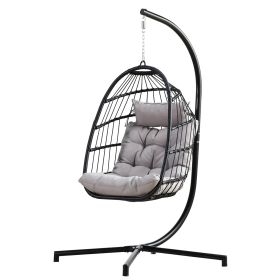 Indoor Outdoor Patio Hanging Egg Chair Wicker Swing Hammock Chair with Stand (Color: Gray)