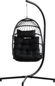 Indoor Outdoor Patio Hanging Egg Chair Wicker Swing Hammock Chair with Stand (Color: Black)