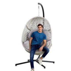 Large Hanging Egg Chair with Stand & UV Resistant Cushion Hammock Chairs with C-Stand for Outdoor (Color: Beige)