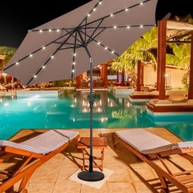 10 Feet Patio Solar Umbrella with Crank and LED Lights (Color: tan)