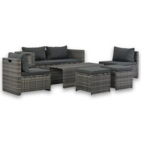 6 Piece Patio Lounge Set with Cushions Poly Rattan Gray (Color: Grey)