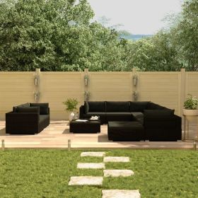 10 Piece Patio Lounge Set with Cushions Poly Rattan Black (Color: Black)