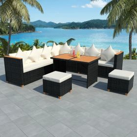 7 Piece Patio Lounge Set with Cushions Poly Rattan Black (Color: Black)