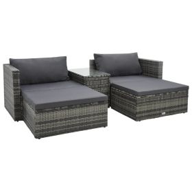 5 Piece Patio Lounge Set with Cushions Poly Rattan Gray (Color: Grey)