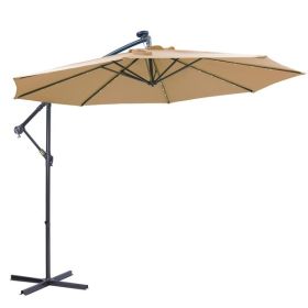 10 FT Solar LED Patio Outdoor Umbrella Hanging Cantilever Umbrella Offset Umbrella Easy Open Adustment with 32 LED Lights (Color: As Picture)