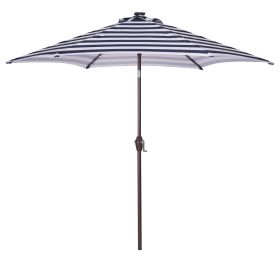 Outdoor Patio 8.7-Feet Market Table Umbrella with Push Button Tilt and Crank; Blue White Stripes With 24 LED Lights[Umbrella Base is not Included] (Color: as pic)