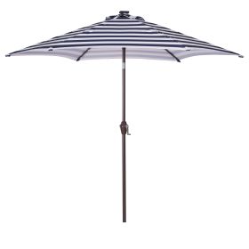 Outdoor Patio 8.7-Feet Market Table Umbrella with Push Button Tilt and Crank; Blue White Stripes With 24 LED Lights[Umbrella Base is not Included] (Color: as pic)