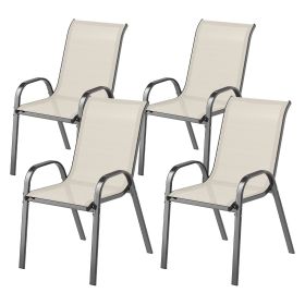 Set of 4 Outdoor Dining Chairs, Stackable Patio Chairs with High Back, Breathable Mesh Seat for Garden Lawn, Beige