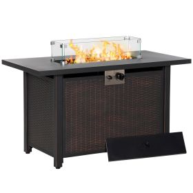 43" Woven Wicker Propane Fire Bowl with Auto-Ignition, Glass Wind Guard, and Blue Fire Glass