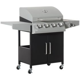 52" Barbecue Grill with Wheels, 4+1 Burner Liquid Propane Gas Grill, Outdoor Cabinet Style BBQ Trolley w/ Side Burner, Warming Rack, Silver