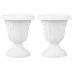 Set of 2 Vintage Urn Planters, Weather-Proof PP Flower Pots with Optional Drainage Holes for Indoor Outdoor Use-White