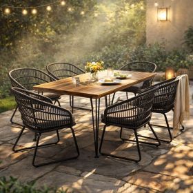 7 PCS Outdoor Dining Set for 6, Rectangular Table with Acacia Wood Top & Rattan Chairs, 72" Large Modern Furniture Set for Patio, Deck, Backyard