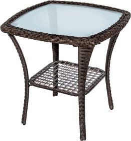 Outdoor Side Table;  Indoor Outdoor Glass Top Wicker Coffee Bistro Table;  All-Weather Patio Square Storage End Table;  Aluminum Frame;  20''x 20