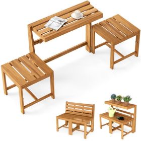 3-in-1 Convertible Outdoor Acacia Wood Furniture (Natural) - Loveseat + Table & Chairs Set + Plant Rack Modes